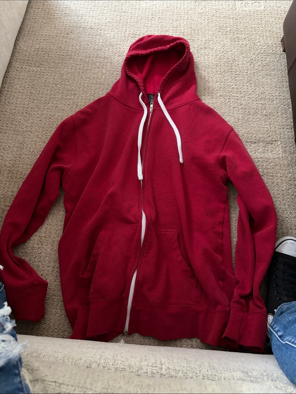 Red Full-Zip Hoodie with White Drawstrings